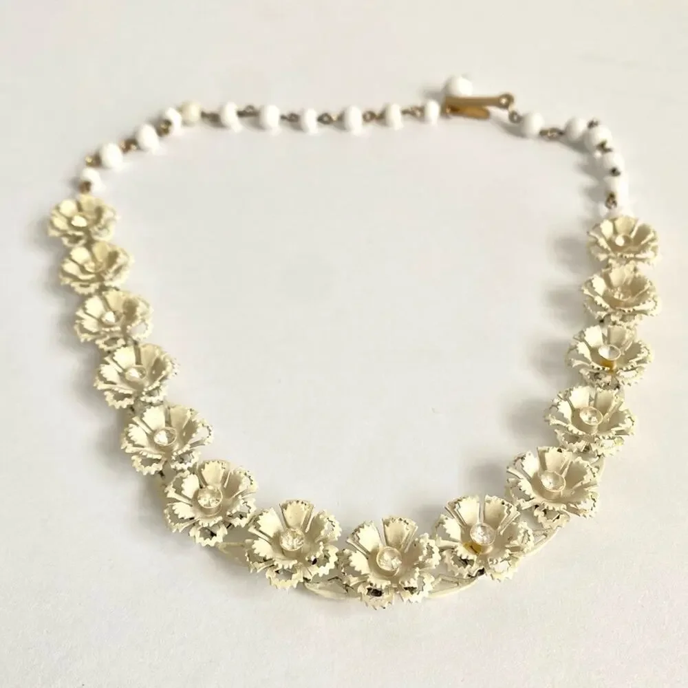 Vintage Floral Necklace Clear Rhinestone Flower Dainty Spring 50s Retro Feminine